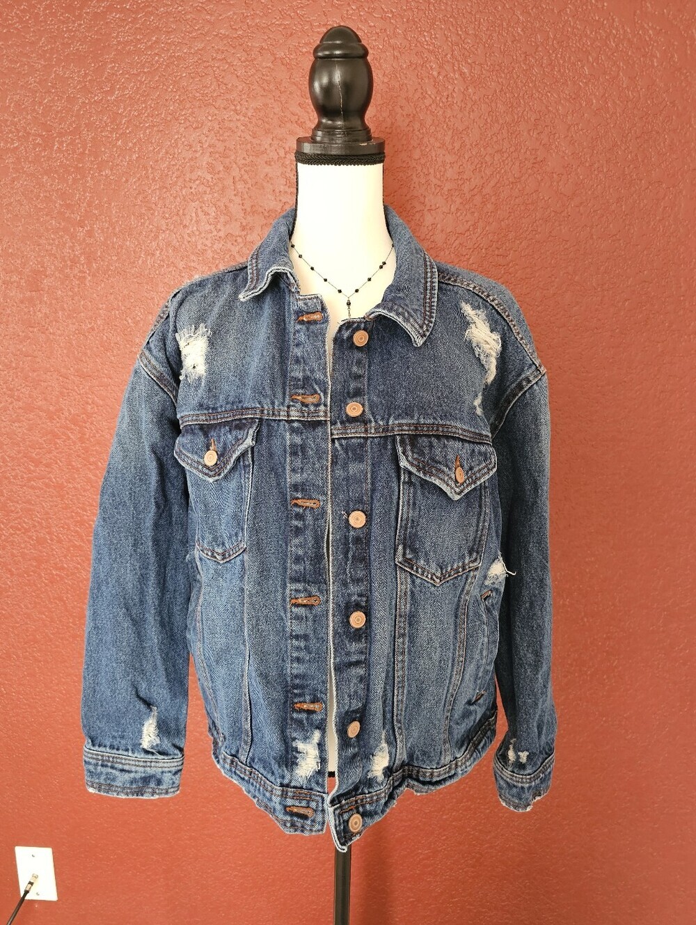 Celebrity Pink Dark Blue Distressed Denim Jacket - Picture 2 of 9